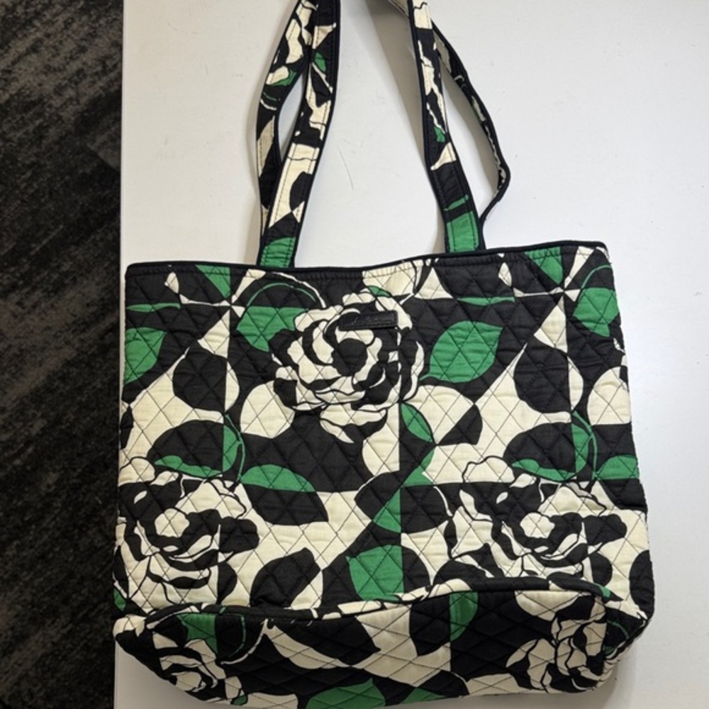 Vera Bradley Rose Quilted Tote Bag - Black, Green, and Cream